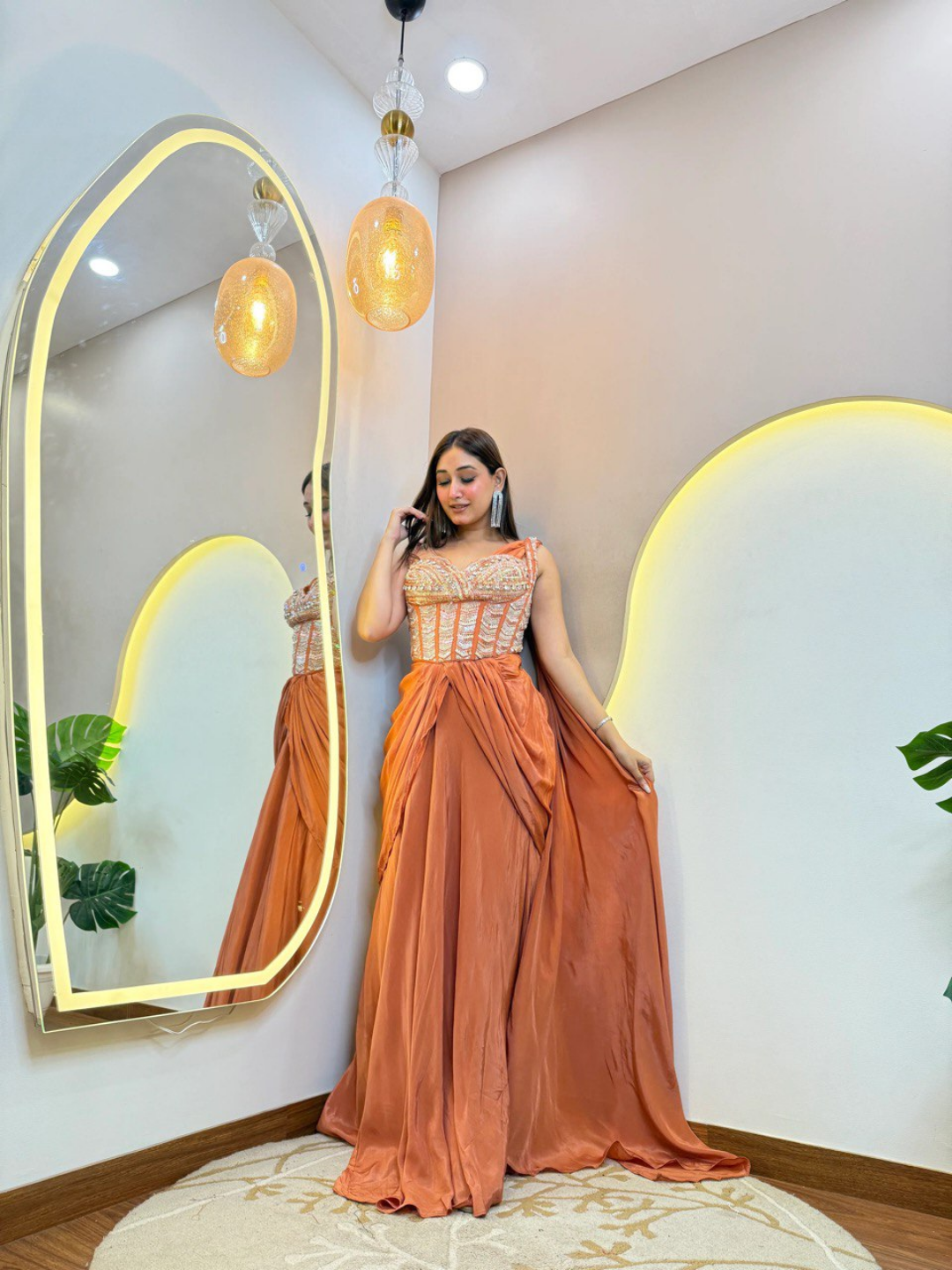 Rust Orange Pure Crepe Handwork Drape Saree