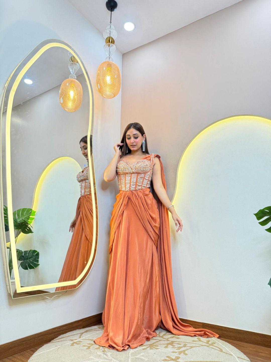 Rust Orange Pure Crepe Handwork Drape Saree - Image 2