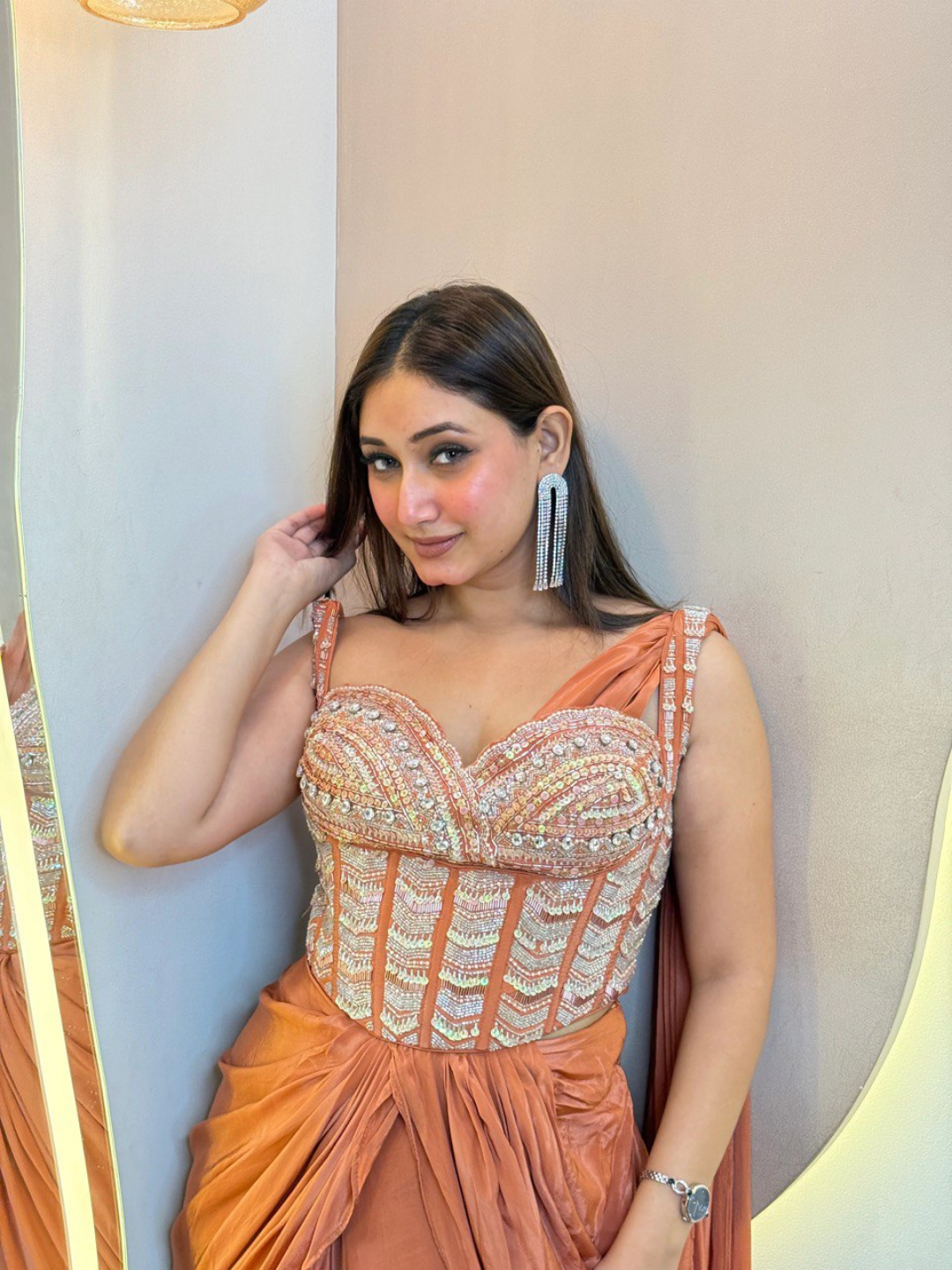 Rust Orange Pure Crepe Handwork Drape Saree - Image 4